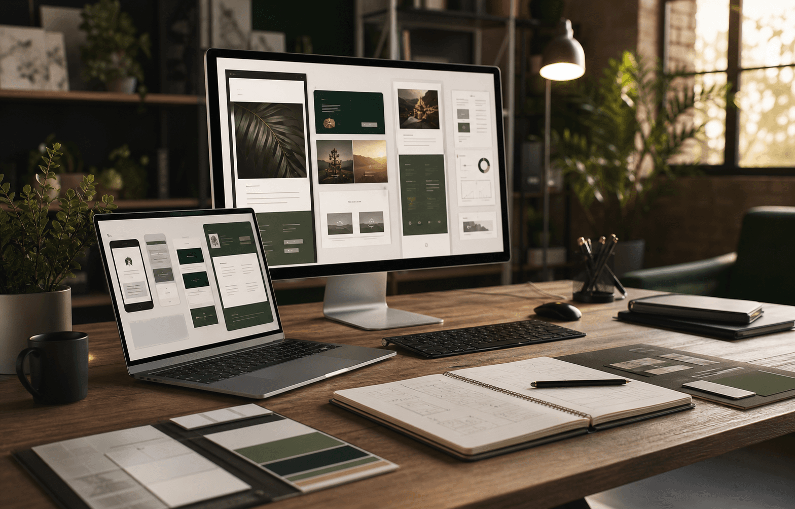 Modern web design workspace with website mockups