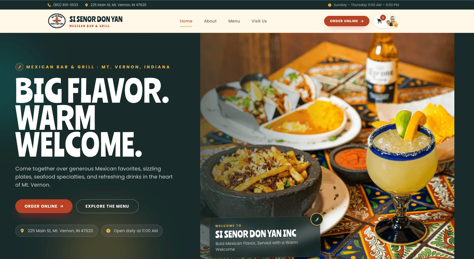 Si Señor Don Yan restaurant website with a bold welcome message, online ordering, and featured Mexican dishes