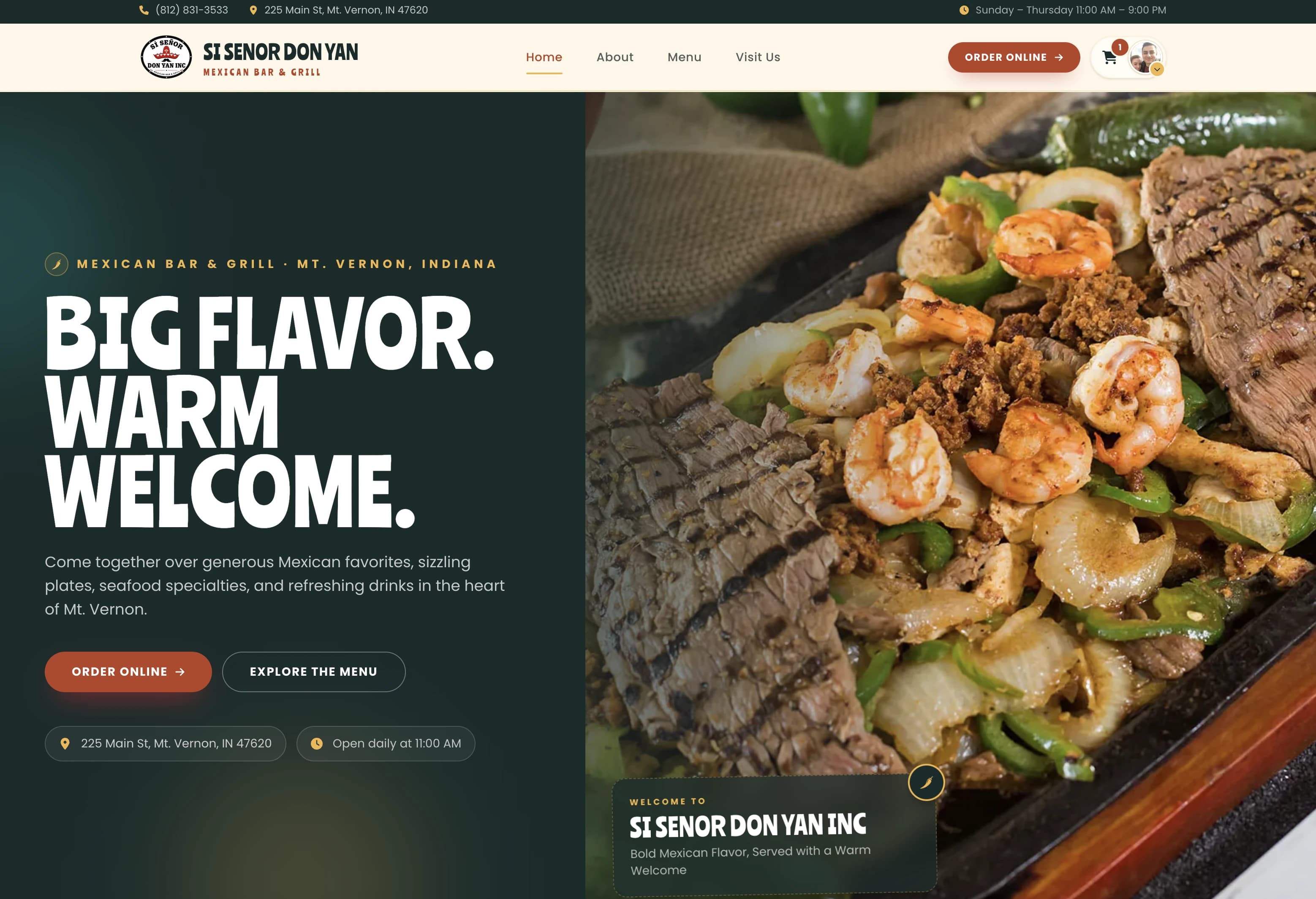 Si Señor Don Yan restaurant website with a bold welcome message, online ordering, and featured Mexican dishes