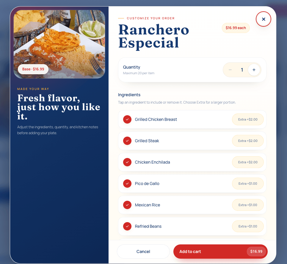 Restaurant ordering screen where a guest can change quantity, ingredients, and add the customized item to their cart