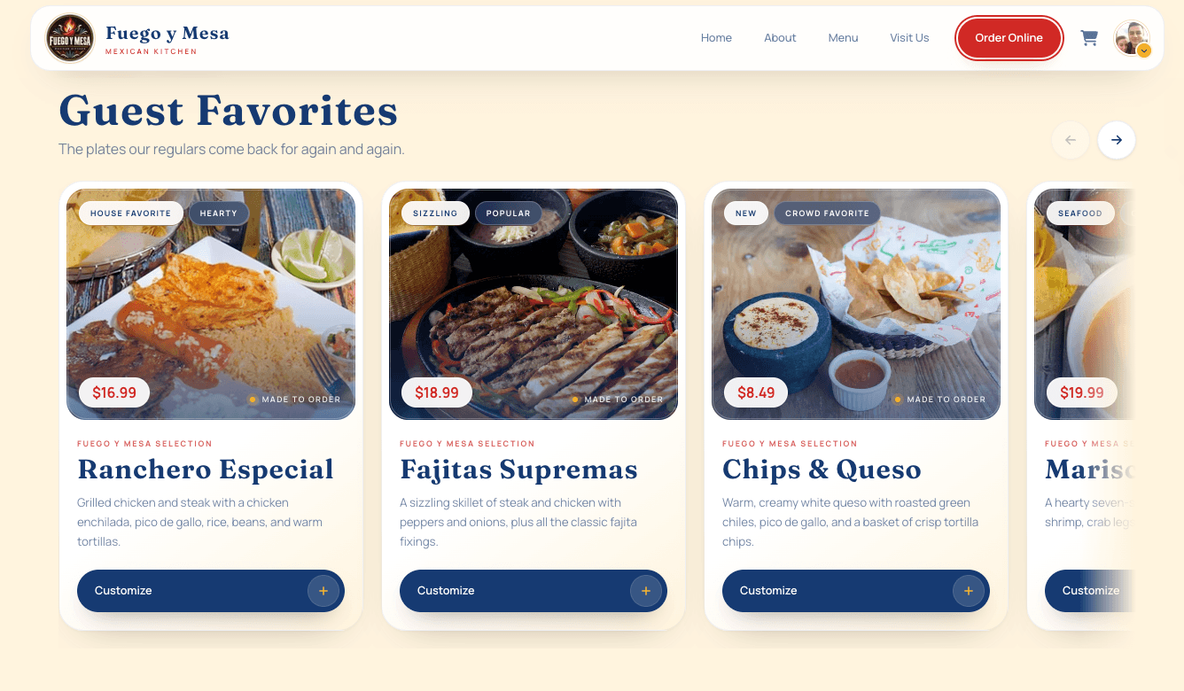 Restaurant demo showing a modern online menu with guest favorites and direct ordering