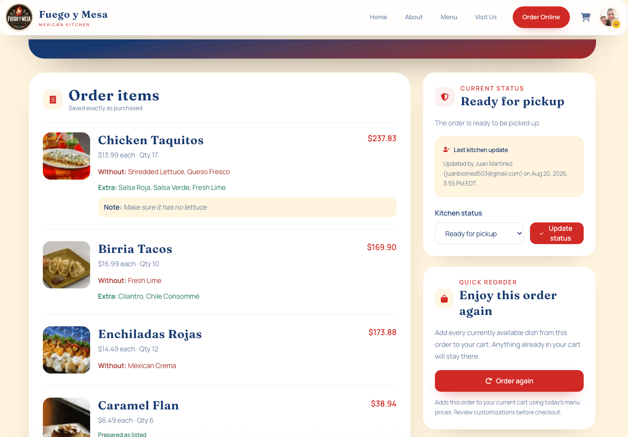 Restaurant demo showing detailed order information, kitchen status, and a reorder action